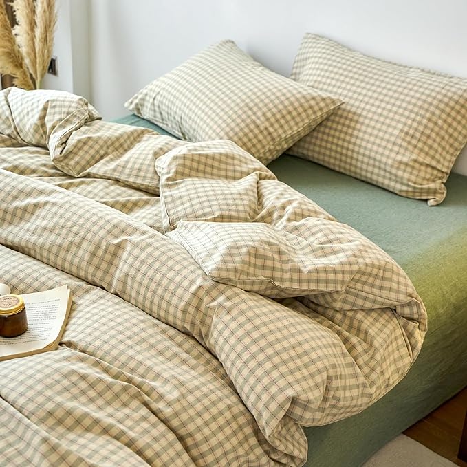EAVD Vintage Style Green Plaid Duvet Cover Twin Soft 100% Washed Cotton Chic Checkered Gingham Bedding Set with 2 Pillowcases Farmhouse Green Gingham Duvet Cover with Zipper Closure