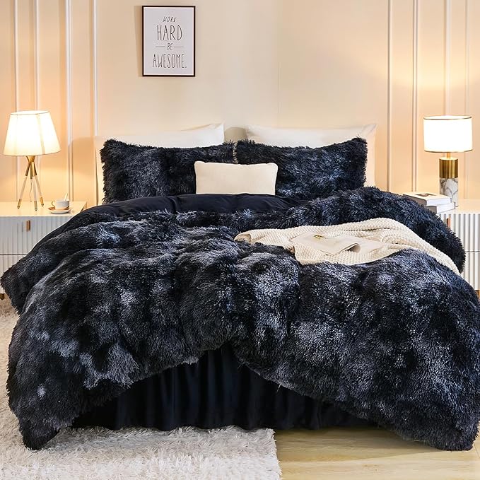 Andency Faux Fur Tie-Dyed Black Blue Comforter King Size, 3 Pieces Fluffy Fuzzy Plush Bedding Comforter Set (1 Shaggy Velvet Comforter & 2 Pillowcases), Soft Puffy Comfy Down Comforter Bedding Set