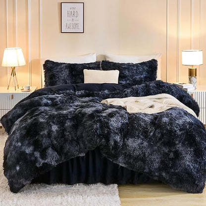 Andency Faux Fur Tie-Dyed Black Blue Comforter for Queen Size Bed, 3 Pieces Fluffy Fuzzy Plush Bedding Comforter Set (1 Shaggy Velvet Comforter & 2 Pillowcases)