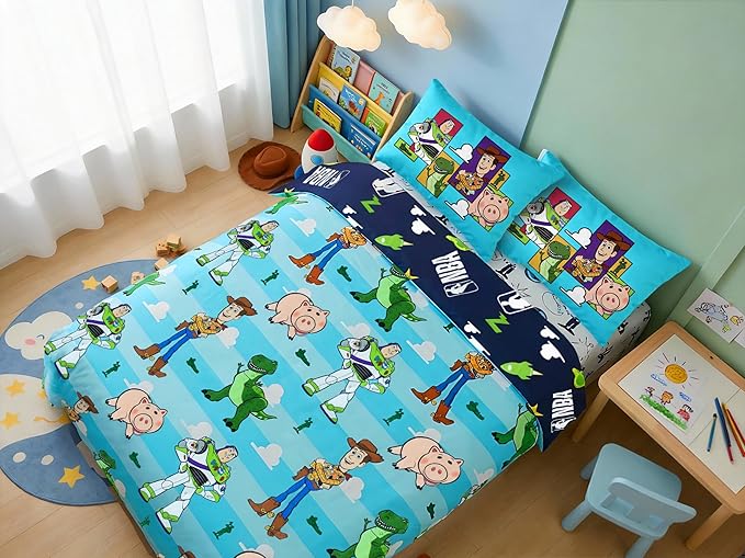 Northwest Disney Toy Story Full Size Comforter Set, 5 Piece Reversible Buzz Lightyear & Woody Design Ultra Soft Fade Resistant Microfiber Kids Bedding Set, Officially Licensed