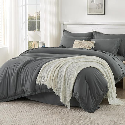 Andency Dark Grey King Size Comforter Set with Sheets - 7 Pieces Boho Tassel Bed in a Bag Soft Lightweight Bedding Sets, Dark Grey Fringe Bed Set with Comforter, Sheets, Pillowcases & Shams