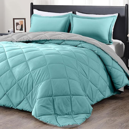 downluxe Queen Comforter Set - Turquoise and Grey Queen Comforter, Soft Bedding Sets for All Seasons -3 Pieces - 1 Comforter (88"x92") and 2 Pillow Shams(20"x26")