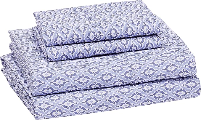 Amazon Basics Breathable Lightweight Super Soft Brushed Microfiber 4-Piece Bed Sheet Set, Wrinkle Resistant With 14" Deep Pockets, Queen, Blue Damask, Printed