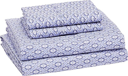 Amazon Basics Breathable Lightweight Super Soft Brushed Microfiber 4-Piece Bed Sheet Set, Wrinkle Resistant With 14" Deep Pockets, Queen, Blue Damask, Printed