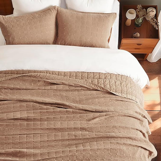 EVERGRACEHOME Stonewashed Cotton Quilt Set King Size, Ultra Soft Oversized Bedspread Coverlet Set, Lightweight Crinkle Box Stitch Bedding Sets for All Season, with 2 Shams, Terracotta