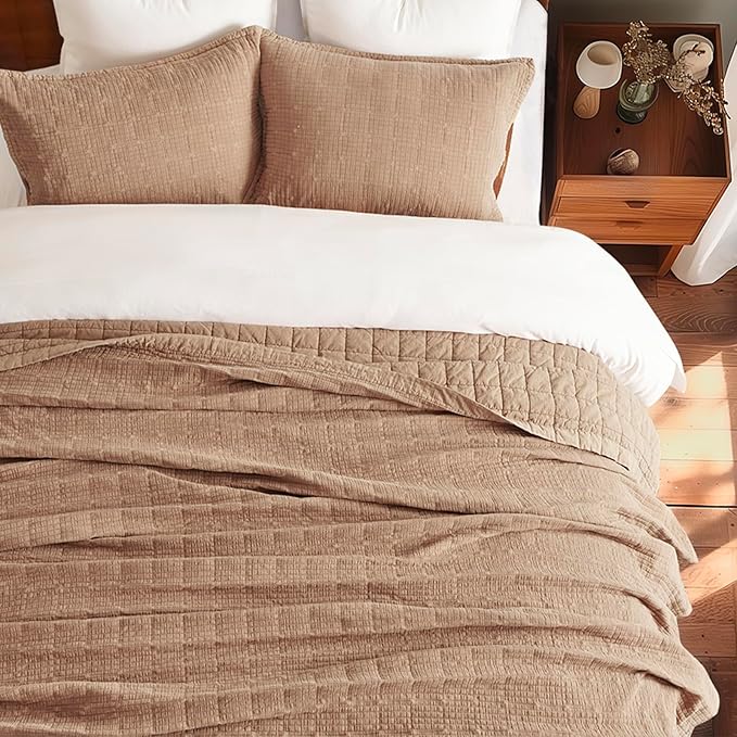 EVERGRACEHOME Stonewashed Cotton Quilt Set Full Queen Size, Ultra Soft Oversized Bedspread Coverlet Set, Lightweight Crinkle Box Stitch Bedding Sets for All Season, with 2 Shams, Terracotta