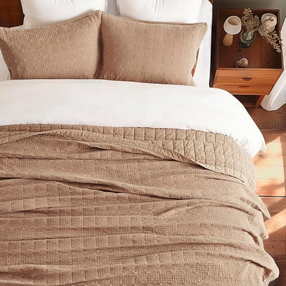 EVERGRACEHOME Stonewashed Cotton Quilt Set Full Queen Size, Ultra Soft Oversized Bedspread Coverlet Set, Lightweight Crinkle Box Stitch Bedding Sets for All Season, with 2 Shams, Terracotta