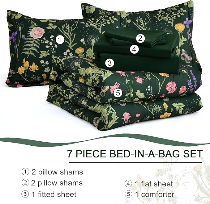 Yiran Floral Full Size Comforter Set, 7 Piece Dark Green Comforter Bedding Set, Spring Bed in a Bag Botanical Flowers Pattern, Soft Lighrweight Complete Comforters with Sheets for Women