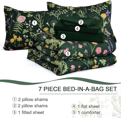 Yiran Dark Green California King Comforter Set, 7 Piece Summer Floral Comforter Bedding Set, Bed in a Bag with Flowers Pattern, Soft Microfiber Complete Bedding Set with Sheets for All Season