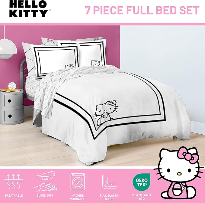 Jay Franco Comforter Set Includes Sheets and Pillow Covers - Soft and Cozy Bed Set for Stylish Room Decor, White - Hello Kity 7 Piece Full Size Bedding