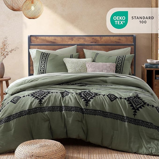 MaiRêve Embroidery Oversized King Size Comforter Set Olive Green, Boho Farmhouse Western Bedding Set 7 Pieces, All Season Bed in A Bag Comforter Set with Sheets, Pillowcases & Shams