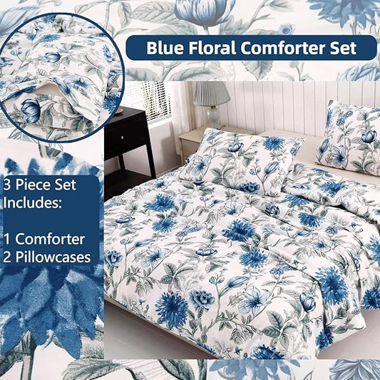 SDIII Blue Floral Comforter Set Twin 3 Pieces, Soft Microfiber Twin Comforter Floral, Vintage Blue Cornflower Bedding Set All Season