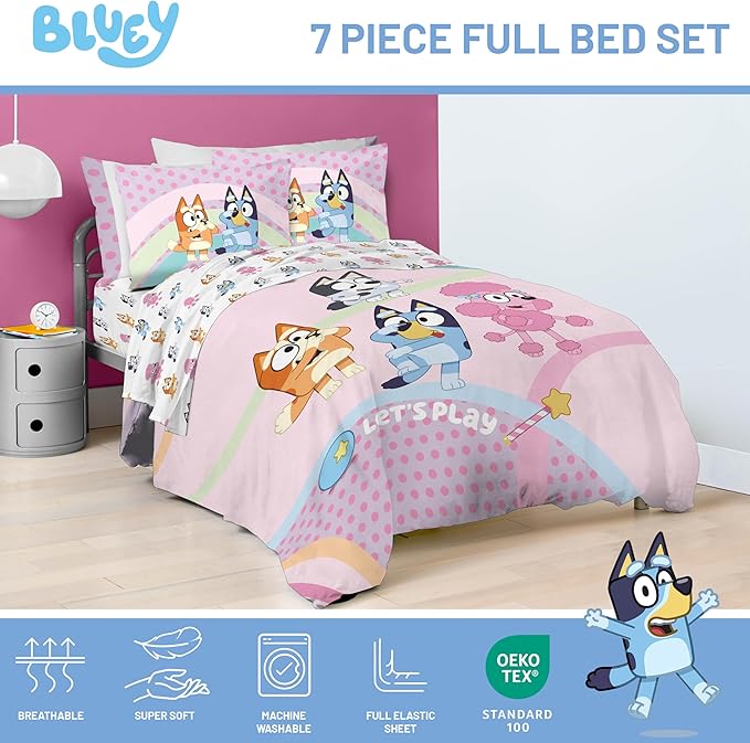 Jay Franco Kids Comforter Set Includes Sheets and Pillow Covers - Soft and Cozy Bed Set for Stylish Room Decor, Pink - Bluey 7 Piece Full Size Bedding