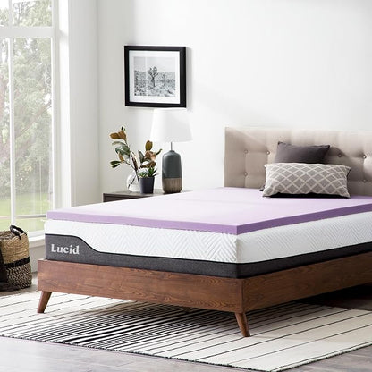 Lucid 2 Inch Lavender Memory Foam Mattress Topper, Full Size – Essential Oil Infusion – Plush Feel, Pressure-Relieving Bed Topper – Ventilated and Breathable – CertiPur Certified