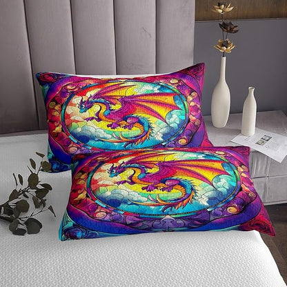 Flying Dragon Kids Bedspread Twin Size,Western Wing Dragon Cloud Gothic Coverlet Set,Boys Girls Room Decor,Geometric Abstract Modern Quilted Coverlet,Colorful Vintage Bedding Quilt,1 Pillowcase