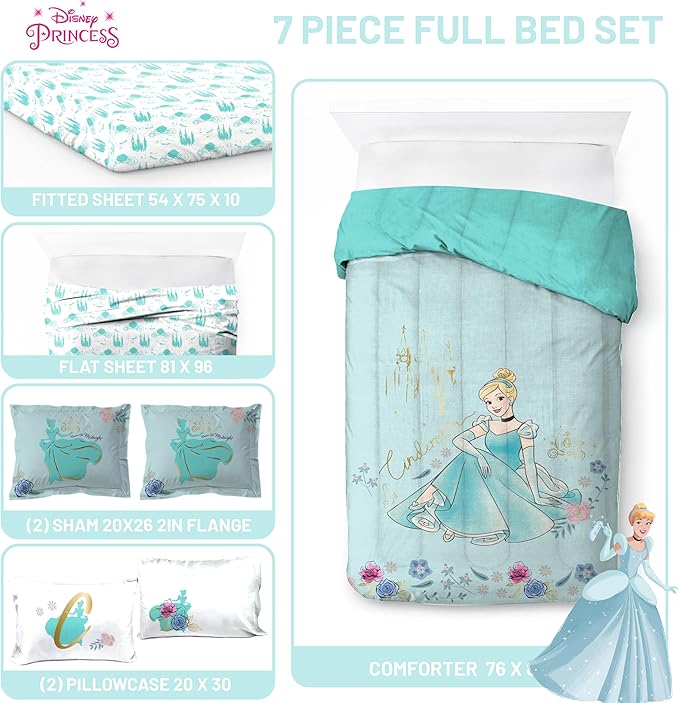 Jay Franco Kids Comforter Set Includes Sheets and Pillow Covers - Soft and Cozy Bed Set for Stylish Room Decor, Official Licensed Bedding, Blue - Princess Cinderella, 7 Piece Full