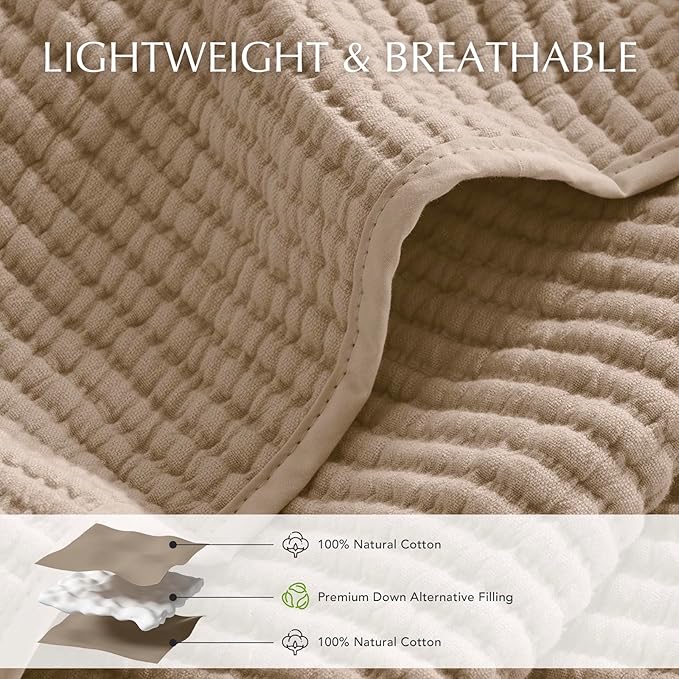 EVERGRACEHOME Cotton Coverlet Set King Size 3 Pieces, Lightweight Soft Ribbed Matelassé Bedspread Quilt Set, Cozy Oversized Quilted Bedding Set with 2 Pillow Shams for All Seasons, Urban Taupe