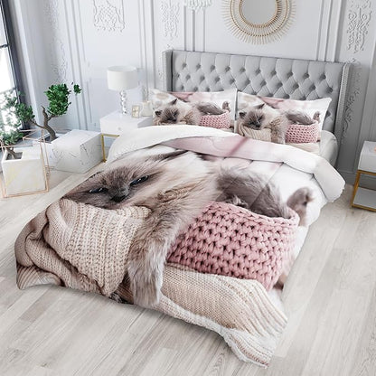 Queen Cat Comforter Set for Girls, Kawaii Queen Size Bedding, Cute Comforter Set for Teen Girls, Cat Room Decor