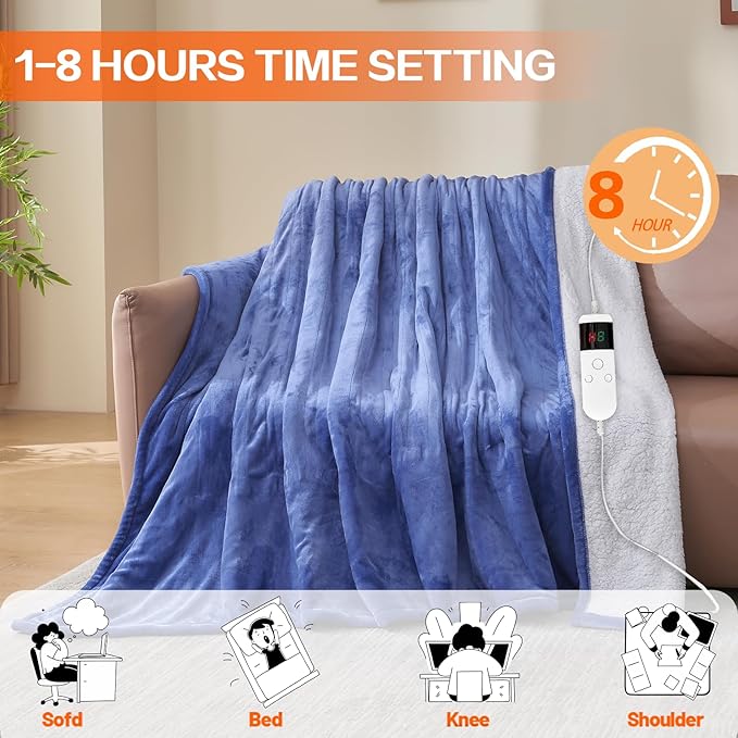 Electric Heated Blanket King Size 90''x100'' - Dual-Control Heating Blanket, Soft & Warm Flannel 10-Level Temperature Control, 8 Hours Auto Off, Rapid Heating & Overheat Protection