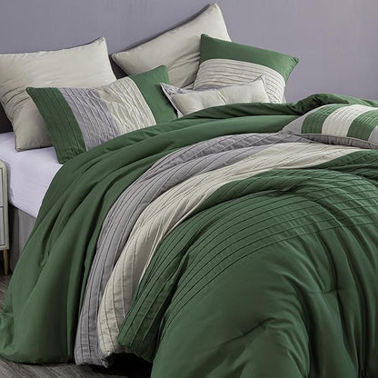 Chezmoi Collection Loft 8-Piece Full Comforter Set, Forest Green/Gray/Cream Luxury Striped Bedding for All Season