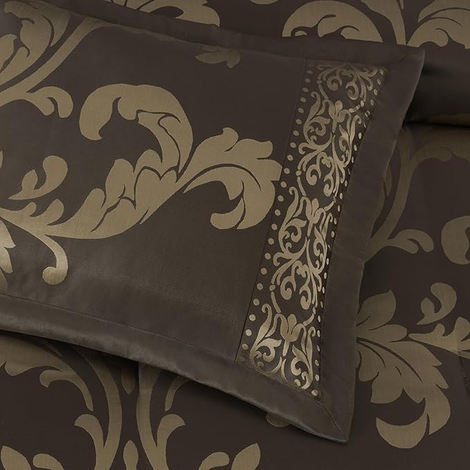 Chezmoi Collection Royale 7-Piece Jacquard Floral Comforter Set, Oversized Queen, Coffee/Gold