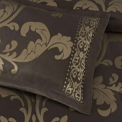 Chezmoi Collection Royale 7-Piece Jacquard Floral Comforter Set, Oversized Queen, Coffee/Gold