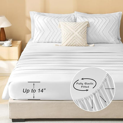 Litanika Super King Plus Size Comforter Set with Sheets White - 7 Pieces Bed in a Bag Oversized King Boho Tufted Complete Bedding Sets with Comforter, Sheets, Pillowcases & Shams