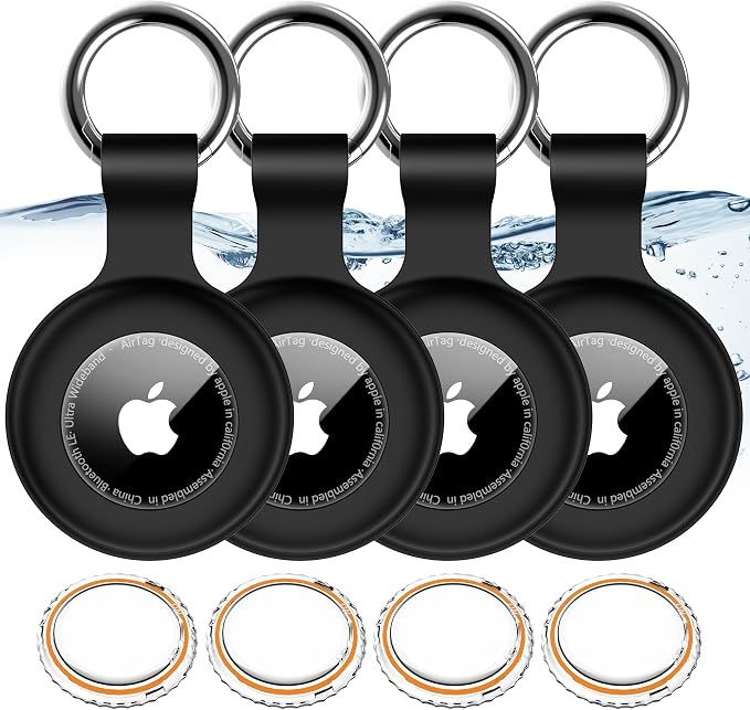1|2|4Pack for Apple AirTag Holder with Keychain for Air Tag 2nd/1st Gen | Waterproof Air Tag Cover GPS Tracker Anti-Scratch Silicone Air-Tag Case for Pets,Kids,Luggages-4 Black