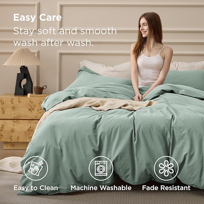 Bedsure 100% Washed Cotton Duvet Cover Queen Size - Iceberg Green Minimalist Bedding Set Linen Like - PureWoven Plain Simple & Soft Comforter Cover for All Seasons (Iceberg Green, Queen, 90"x90")