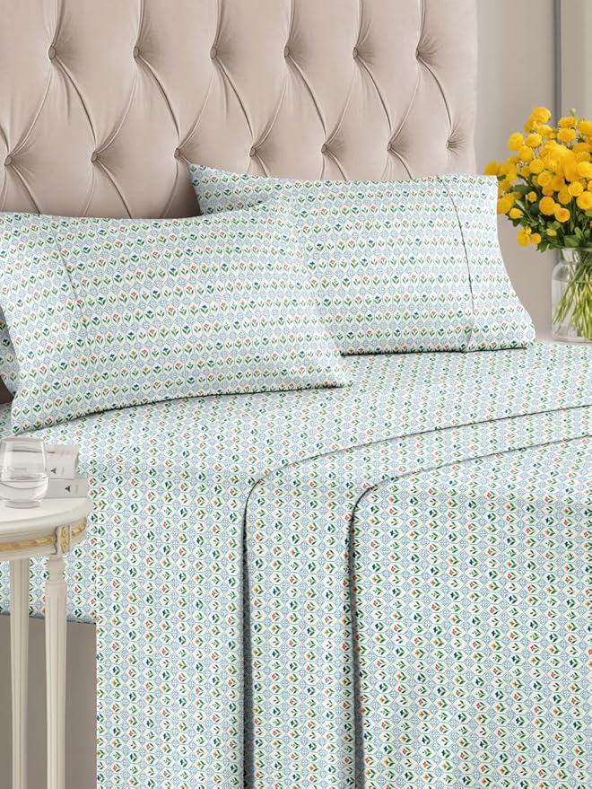 Floral Sheets - Flower Print Bed Sheet Set - 1 Flat, 1 Fitted & 2 Pillowcases w/ Deep Pockets - Comfy, Cozy, Wrinkle & Fade Free - Boho Botanical Bedding - Soft, Breathable & Cooling - Queen Size Set