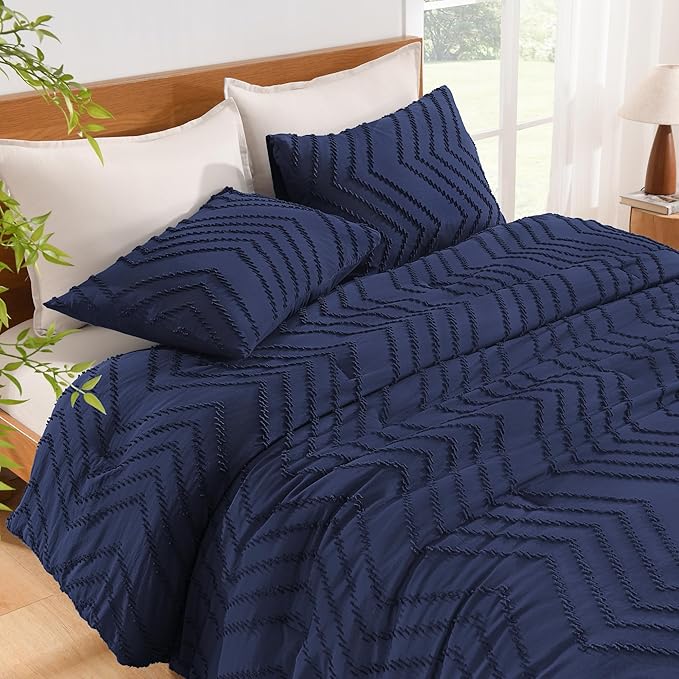 Litanika Comforter Oversized King Size Set Navy Blue, 3 Pieces Chevron Tufted Solid Bedding Comforter Sets, Fluffy Bed Set