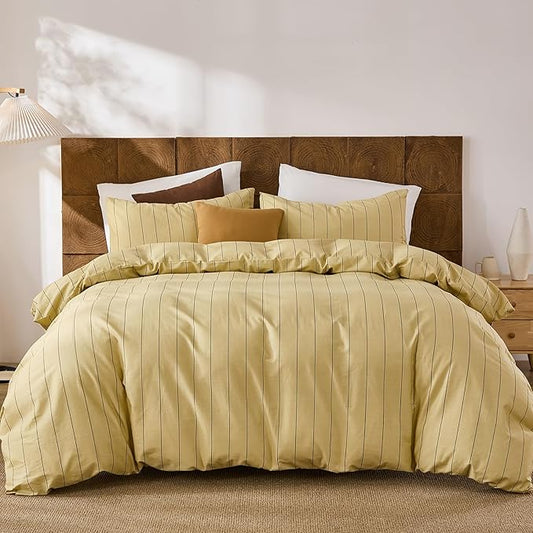 Merryword Yellow Striped Duvet Cover Set King Size, Natural Cotton Bedding Set with Zipper Closure & 8 Corner Ties, Soft Breathable Luxury Linen Like Bedding for All Seasons