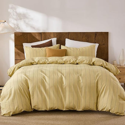 Merryword Yellow Striped Duvet Cover Set Queen Size, Natural Cotton Bedding Set with Zipper Closure & 8 Corner Ties, Soft Breathable Luxury Linen Like Bedding for All Seasons