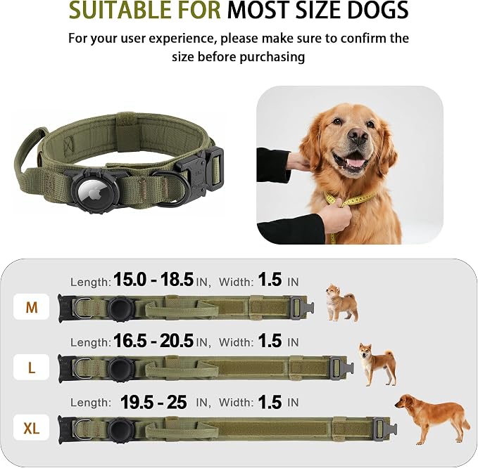 Tactical AirTag Dog Collar Leash Set - Heavy Duty, Adjustable GPS Collar | Compatible with Apple AirTag, with Holder & Control Handle for Medium/Large Dogs [ Green, L ]