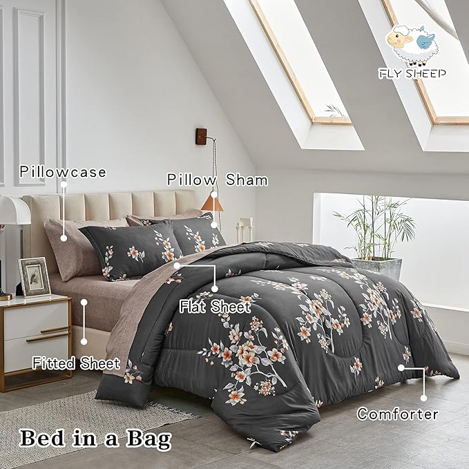 7 Pieces Bed in a Bag Queen Comforter Set with Sheets, Dark Grey Floral Design, Soft Microfiber Bedding Sets for All Season (1 Comforter, 2 Pillow Shams, 1 Flat Sheet, 1 Fitted Sheet, 2 Pillowcases)