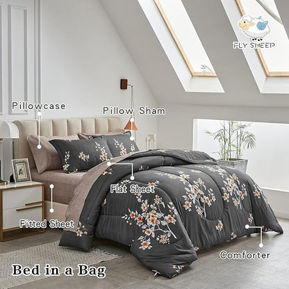 7 Pieces Bed in a Bag King Comforter Set with Sheets, Dark Grey Floral Design, Soft Microfiber Bedding Sets for All Season (1 Comforter, 2 Pillow Shams, 1 Flat Sheet, 1 Fitted Sheet, 2 Pillowcases)
