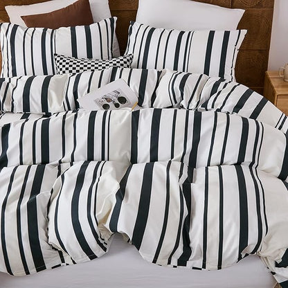 Merryword Black and White Striped Duvet Cover Set King Size - 100% Cotton Duvet Cover Set with Vertical Stripe Design, Soft Breathable Comforter Cover for All Seasons