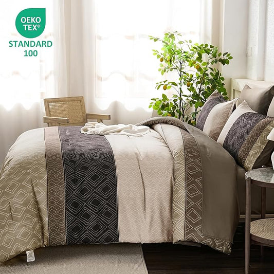 Dinjoy Boho Queen Comforter Set Light Brown,7 Piece Bed in a Bag Queen Size Warm Striped Bedding Sets with Plaid Fall Comforters Bed Set with Sheets for Family All Season