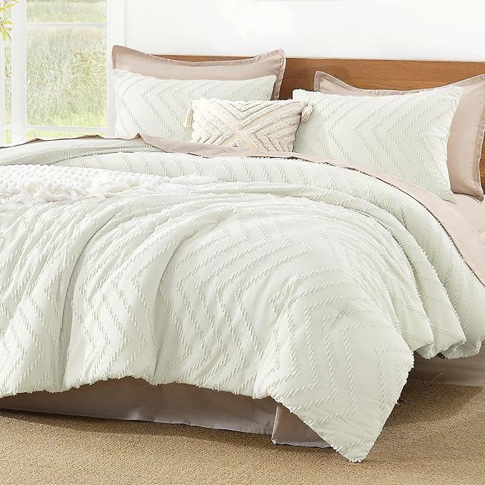 Litanika Ivory Queen Size Comforter Sets, 3 Pieces Lightweight Chevron Tufted Bedding Comforter Set, Fluffy Down Alternative Comforter Bed Set Gift Choice (90x90In Comforter and 2 Pillowcases)