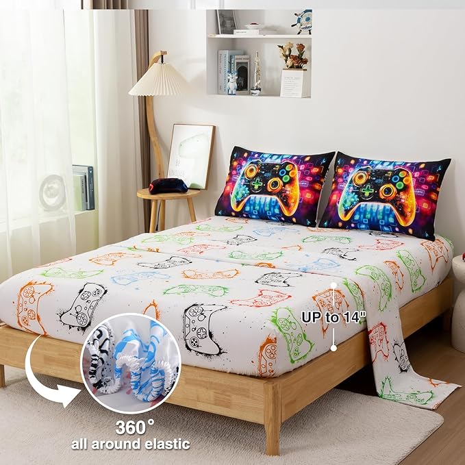 A Nice Night 5PC Game Console Comforter Set for Boys Girls Kids,Space Universe Gaming Like Rhythmic Music Style Lightweight Gamer Bedding,Twin