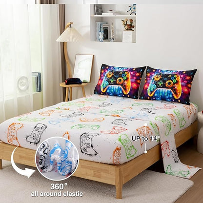 A Nice Night 5PC Game Console Comforter Set for Boys Girls Kids,Space Universe Gaming Like Rhythmic Music Style Lightweight Gamer Bedding,Twin