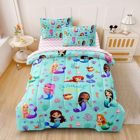 Kids Twin Comforter Set with Sheets for Girls 5-Piece Complete Set Easy-Wash Super Soft Microfiber Comforter Bedding, Mermaid Bed Set Twin Size