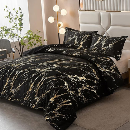 WONGS BEDDING Black Gold Metallic Marble Comforter Set Queen Foil Print Glitter Bedding Sets with 2 Pillowcases for All Seasons, Soft Microfiber Filling Bedding Duvet Set 90"x90"