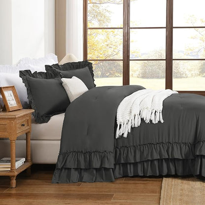 Andency Dark Grey King Comforter Set, Gray Ruffle Farmhouse Shabby Chic Bedding Set, All Season Soft Lightweight Down Alternative Polyester Bed Comforter Sets