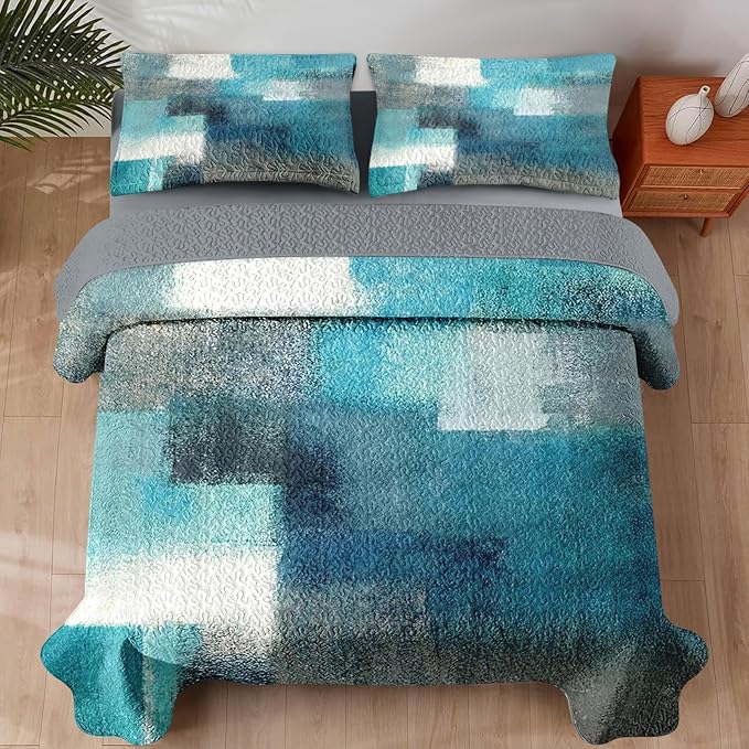 Quilt Set Full/Queen Size, Turquoise Grey Painting 3 Pcs Soft Bed Cover Bedding Set for Kids and Adults, Teal Contemporary Gray Lightweight Bedspread Coverlet with Pillow Sham for All Season