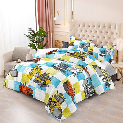 Boy's Construction Truck Comforter Set Twin,Orange,and Yellow Truck 3 Pieces Bedding Set for Kids Boys Teens,Blue and Yellow Plaid Microfiber Lightweight Quilt Bedroom Decor with 2 Pillow Cases