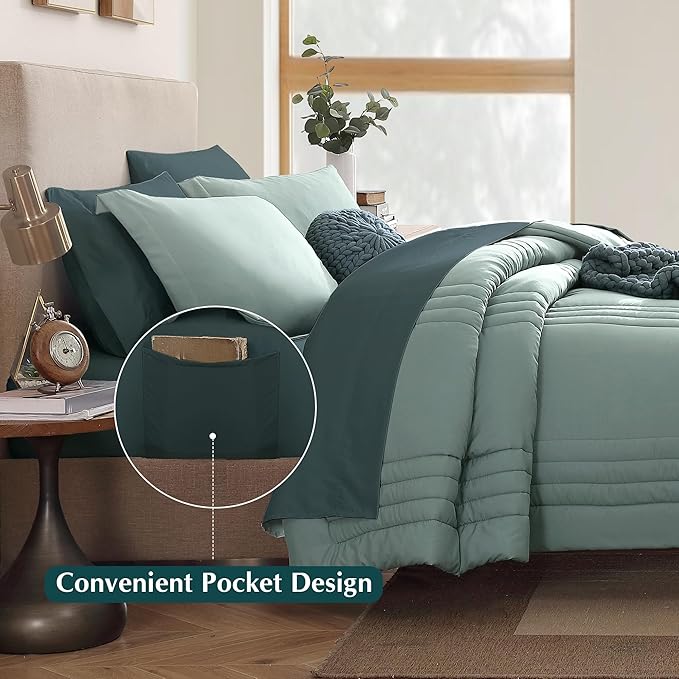 Monbix California King Size Comforter Set - 7 Pieces Bed in a Bag California King, Sage Green Bedding Sets, All Seasons Comforter Bed Set with Sheets, Pillowcases & Shams