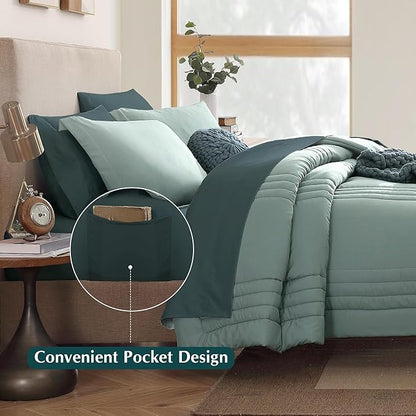 Monbix California King Size Comforter Set - 7 Pieces Bed in a Bag California King, Sage Green Bedding Sets, All Seasons Comforter Bed Set with Sheets, Pillowcases & Shams