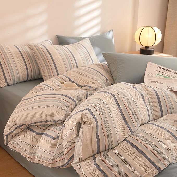 Blue Striped Full Size Bed Comforter Down Alternative Boho Bedding Set Washed Cotton Fluffy Soft Patterned Bedding Comforter Sets Farmhouse Neutral Cozy Cute Bed Comforter with 2 Pillowcases