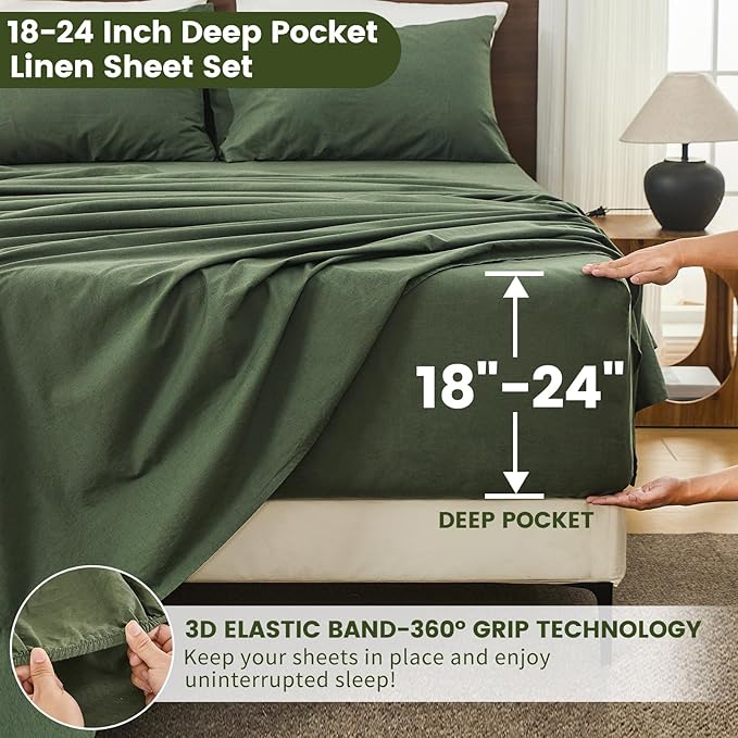 Bedlifes 100% French Linen Sheets California King Size 18-24" Extra Deep Pocket 4-Piece Set Breathable & Moisture-Wicking,Soft & Durable Sheets for Thick Mattresses(Forest Green)